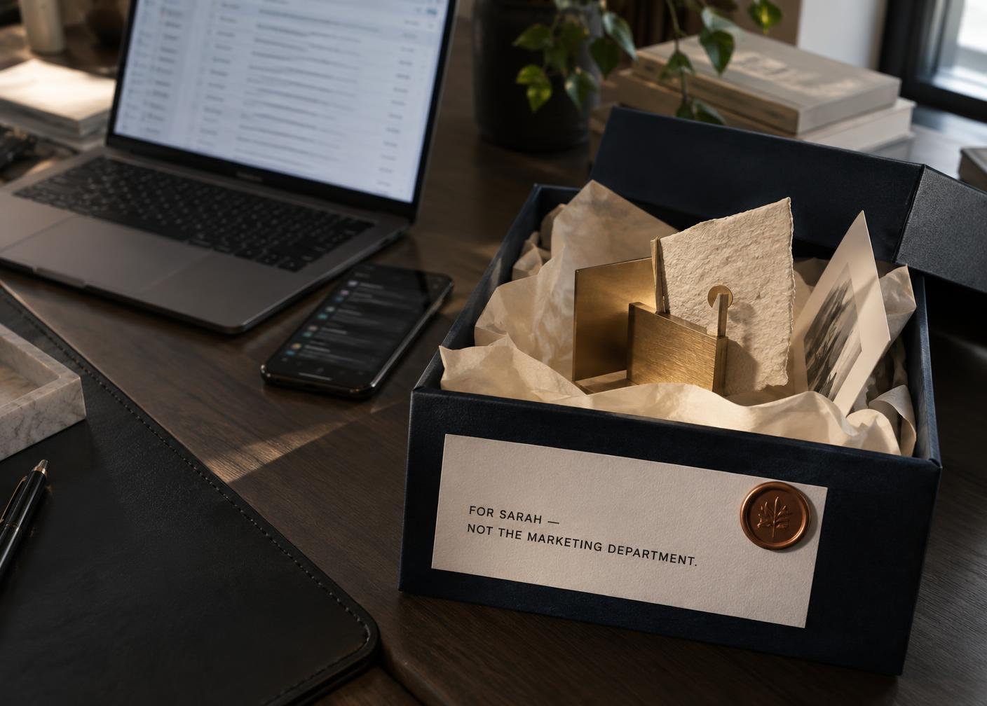 Personalized physical package in focus before a blurred laptop inbox and phone notifications